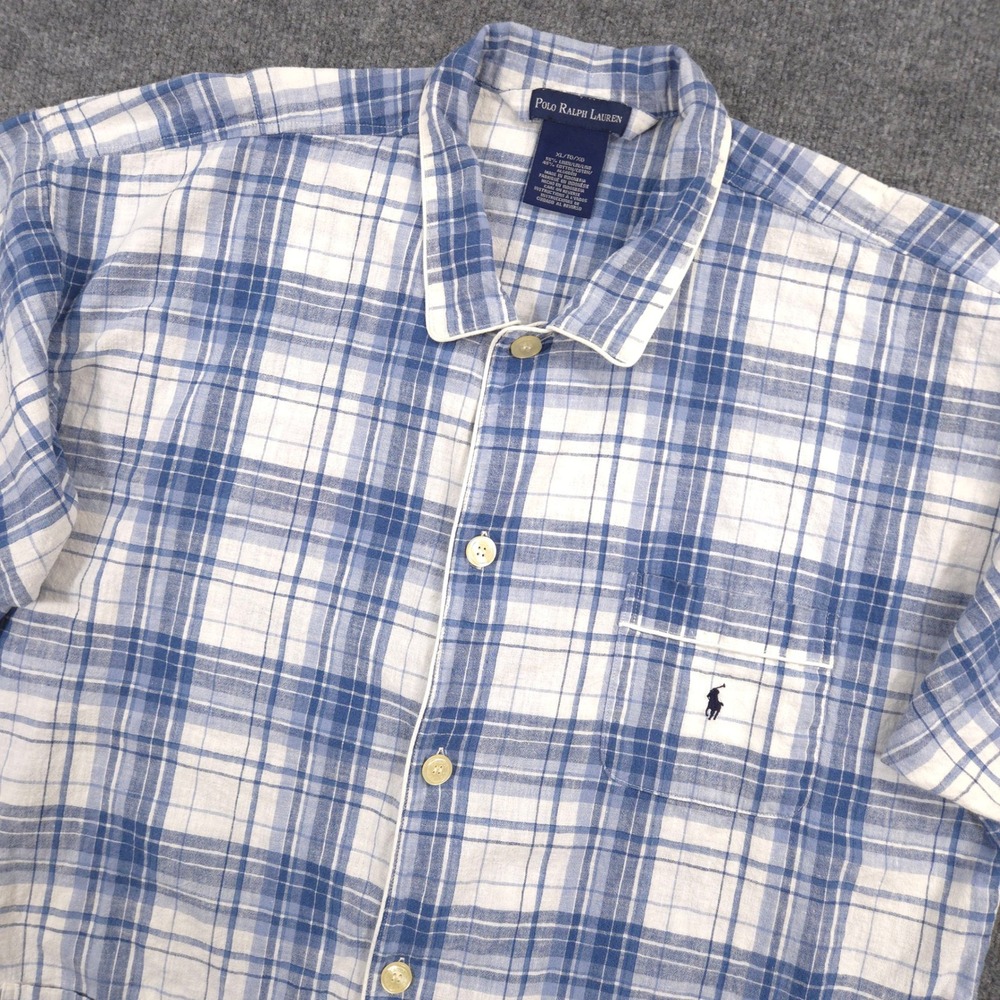 Vintage Polo Ralph Lauren Sleep Shirt Mens XL Blue Plaid Linen Blend Pockets